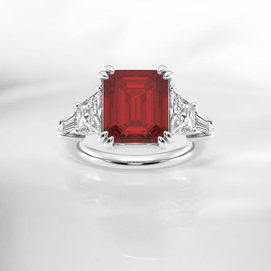 11.00 x 9.00mm Lab Created Ruby and Trapezoid & Baguette Lab Grown Diamond Ring