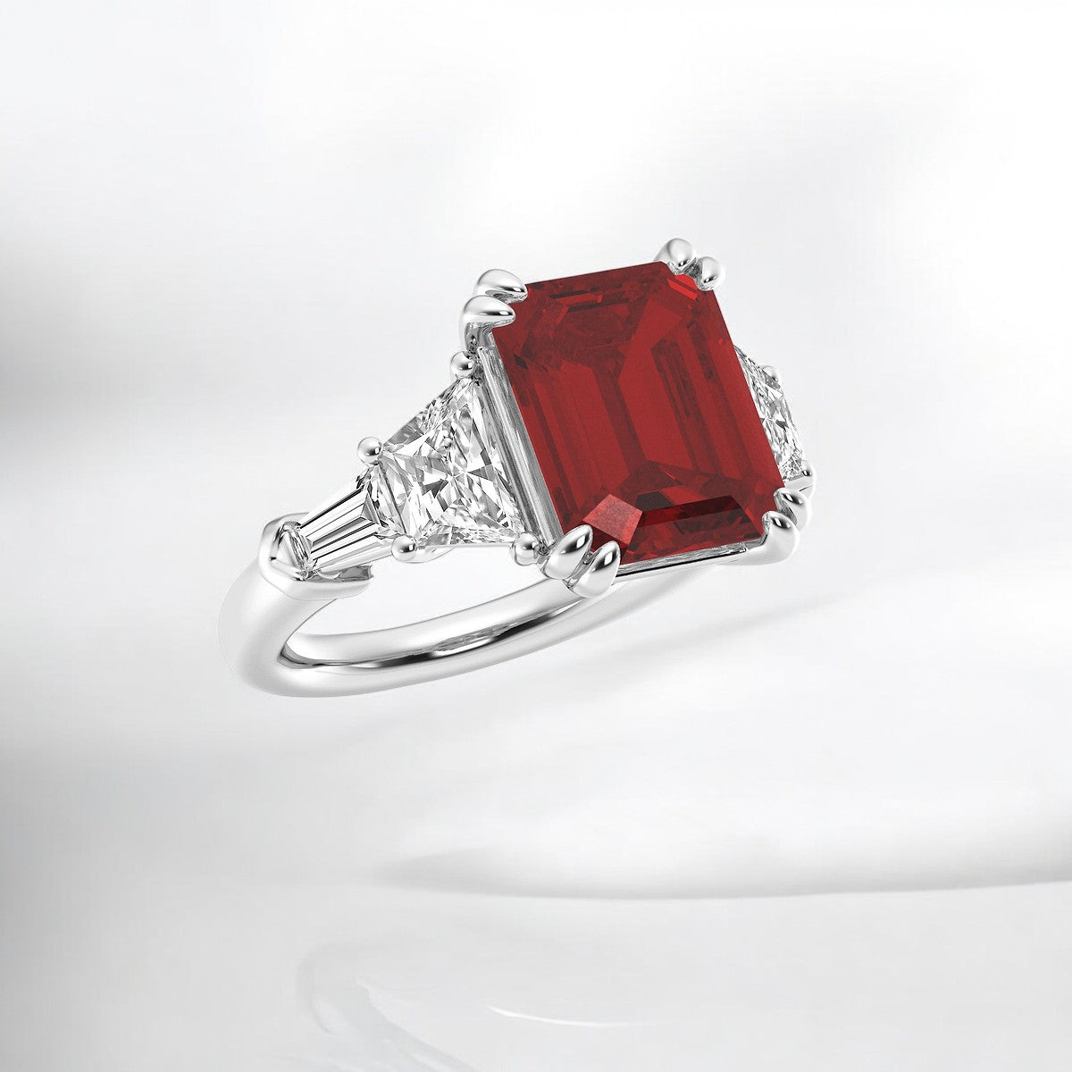 11.00 x 9.00mm Lab Created Ruby and Trapezoid & Baguette Lab Grown Diamond Ring