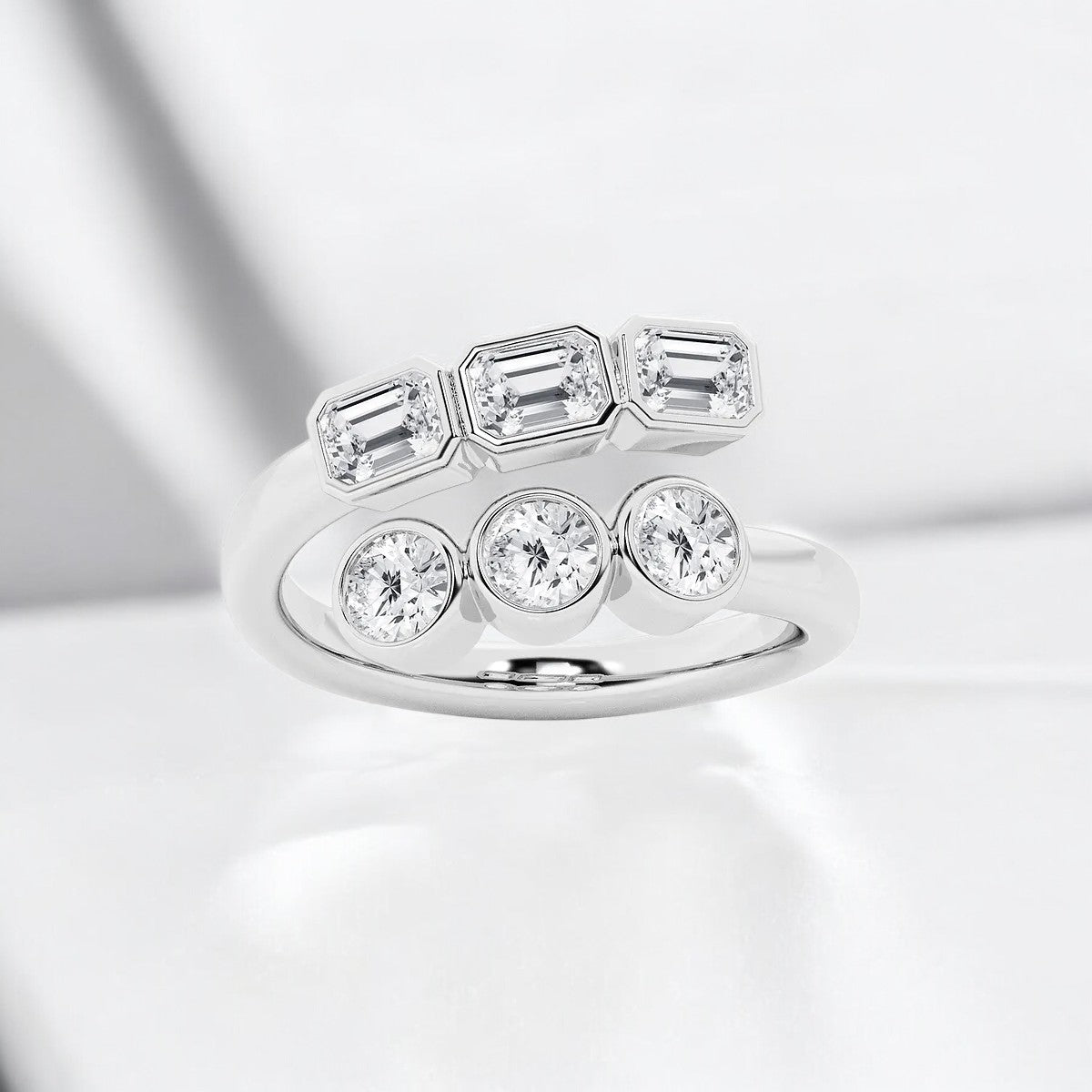 Round and Emerald Lab Grown Diamond Bezel Bypass Fashion Ring