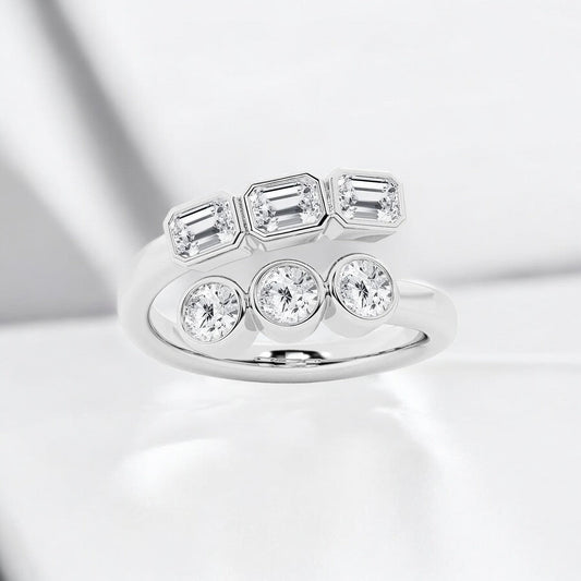 Round and Emerald Lab Grown Diamond Bezel Bypass Fashion Ring