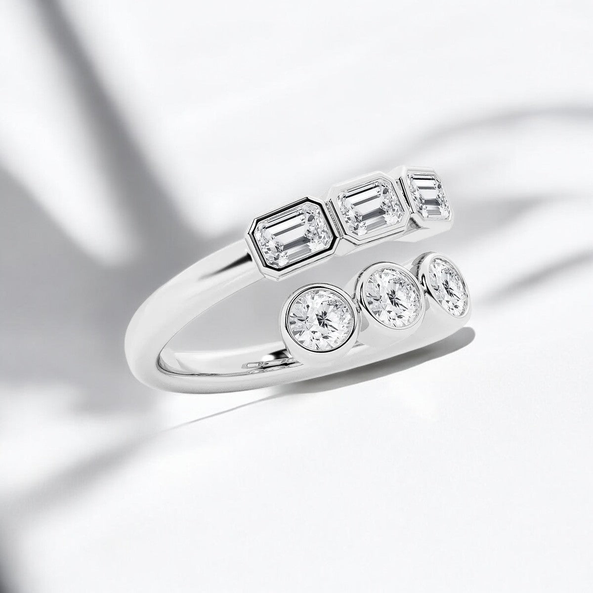 Round and Emerald Lab Grown Diamond Bezel Bypass Fashion Ring