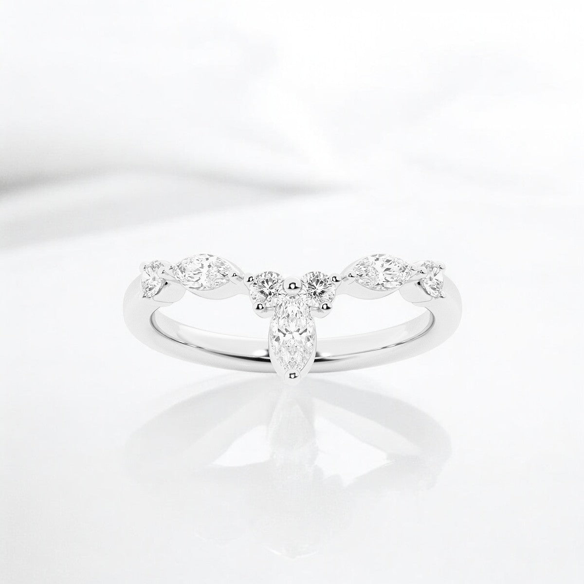 Round and Marquise Lab Grown Diamond Chevron Stackable Ring