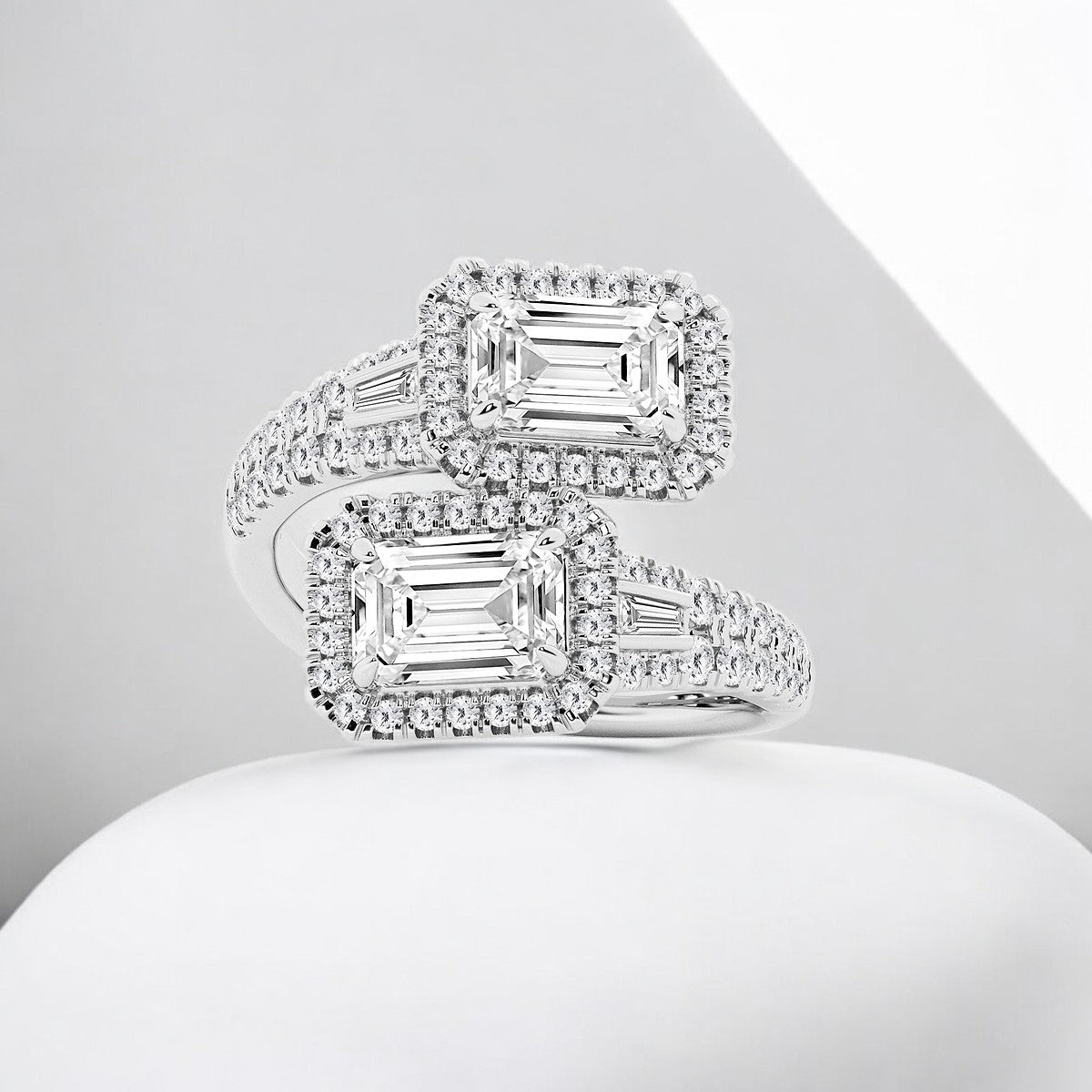 Emerald Lab Grown Diamond Halo Bypass Engagement Ring