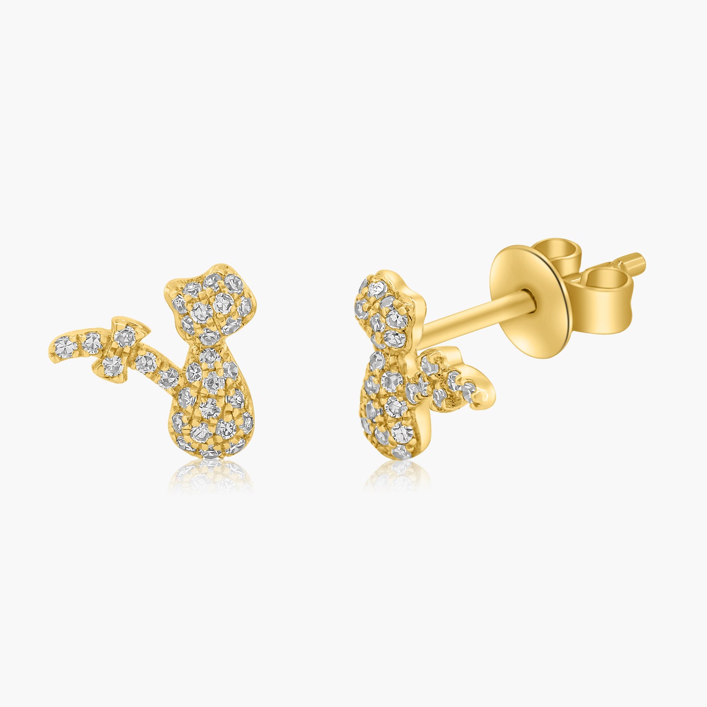 18K Yellow Gold Dainty Pave Diamond Cat Earrings-E602279