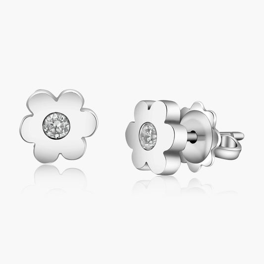 18K White Gold Dainty Flower Stud Earrings - E602404