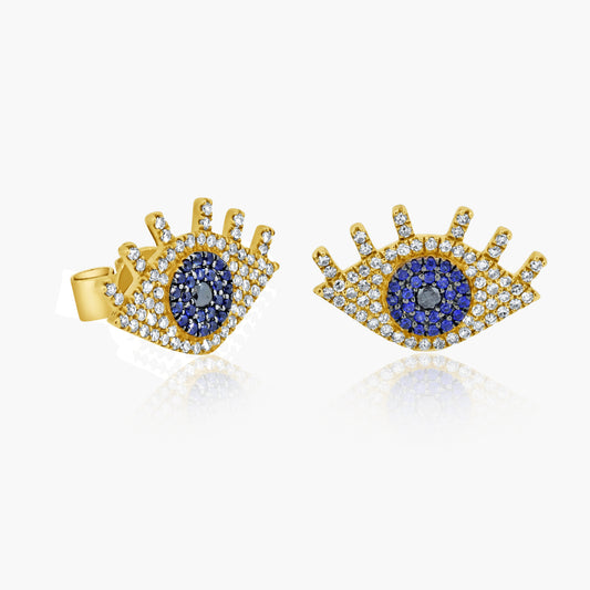 14K Two Tone Dainty Evil Eye Earrings - E605805