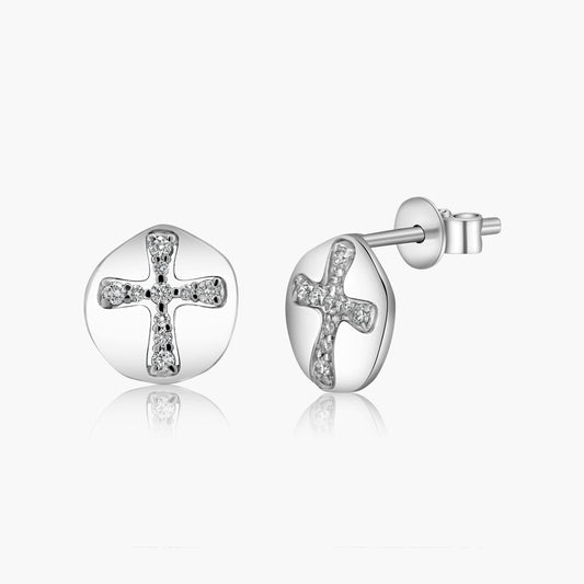 14K White Gold Dainty Cross Stud Earrings - E606323