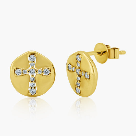 14K Yellow Gold Dainty Cross Stud Earrings - E60632302