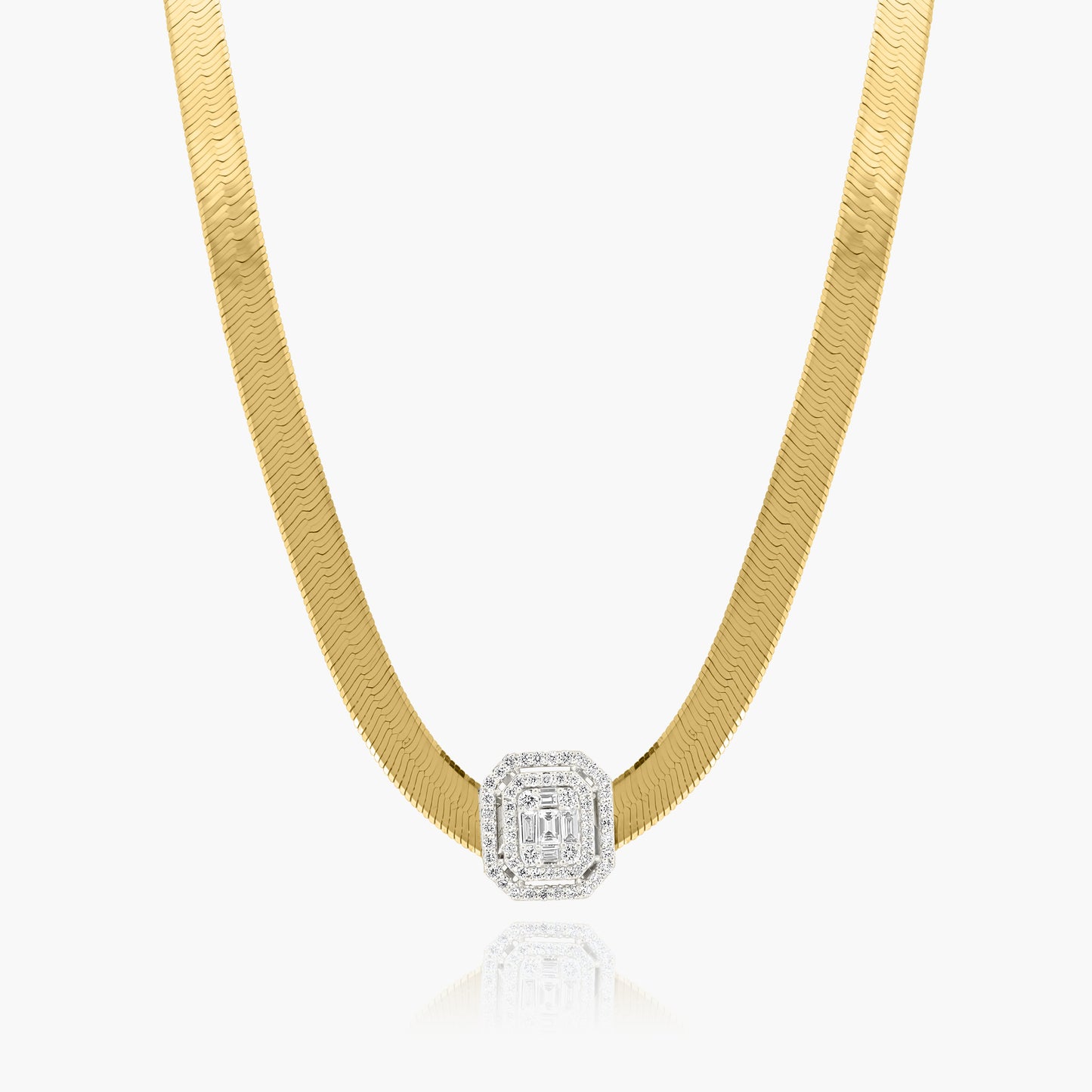 14K Two Tone Baguette Herringbone Necklace-NHER-3FR