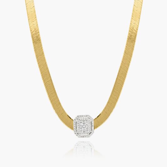 14K Two Tone Baguette Herringbone Necklace-NHER-3FR