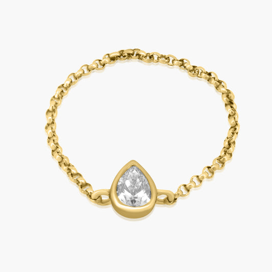 14K Yellow Gold Dainty Pear Bezel Chain Ring - R-PEARBRZ