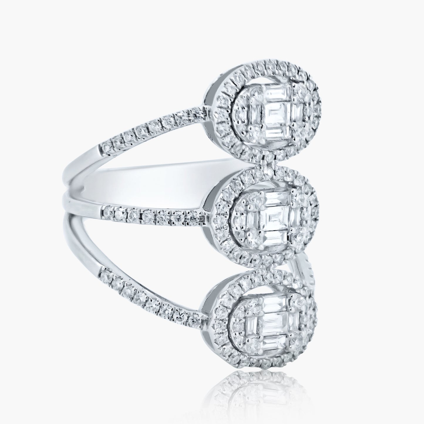 18K White Gold Three Row Baguette Ring - R605416