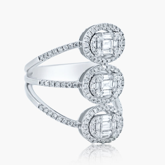 18K White Gold Three Row Baguette Ring - R605416