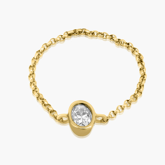 14K Yellow Gold Dainty Oval Bezel Chain Ring - R60595701